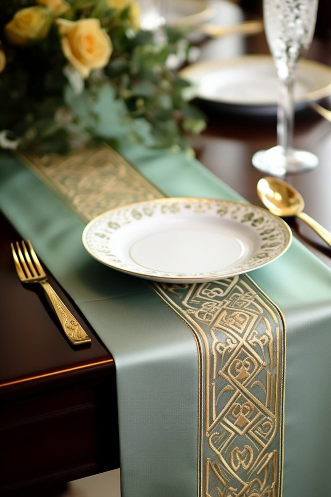 The focal point of this table is a satin table runner in a stunning muted green tone with intertwining Celtic knot patterns, where gold cutlery and a white plate with gold accents invite you to wine and dine in style