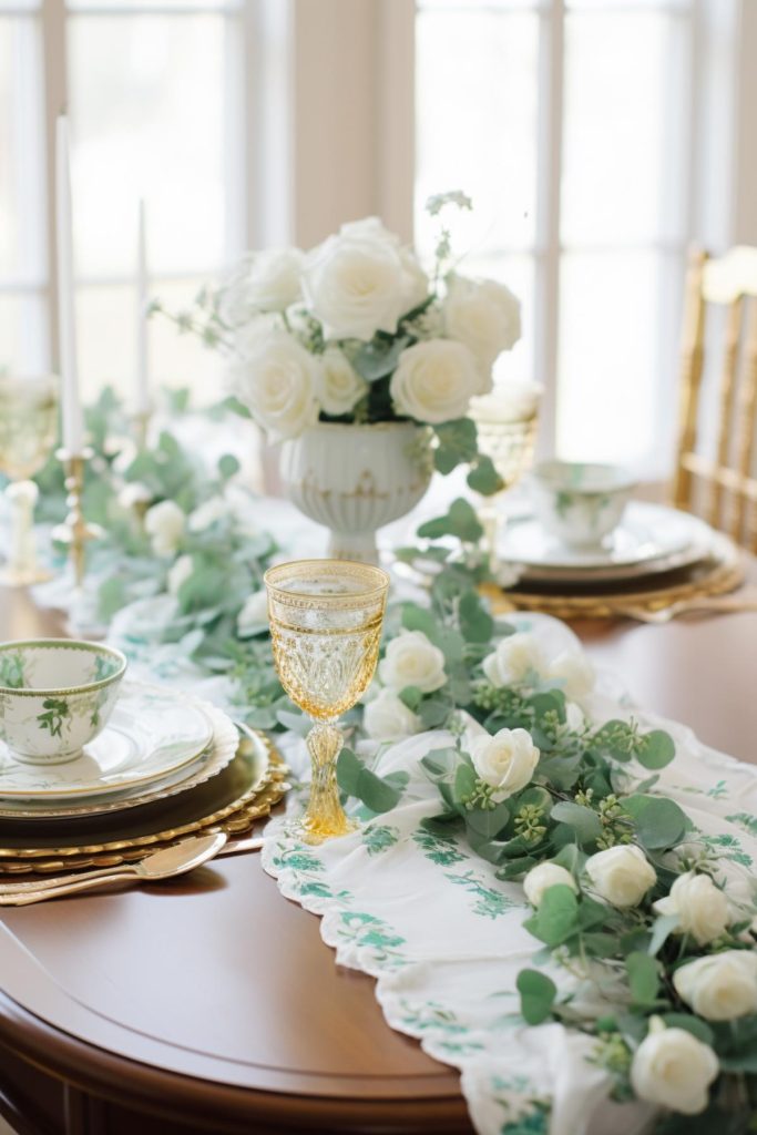 The table garland of delicate white Irish roses and green leaves cascades gently over a white table runner with green leaf patterns, while crystal glasses and white and gold tableware complete the dreamy tableau.