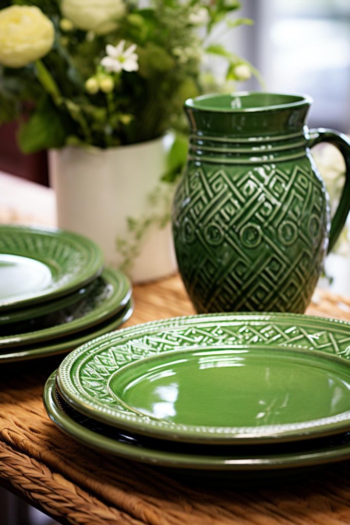 All eyes are drawn to the green ceramic jug on this table, which is ornately decorated with striking Celtic knot patterns. 