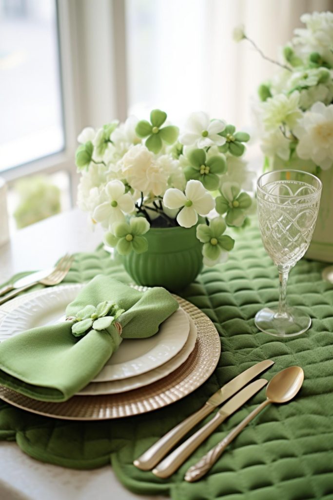 The scalloped edges of the decorative cloth on this table are reminiscent of the classic shamrock leaf, while the embossed diamond pattern adds much-needed texture.