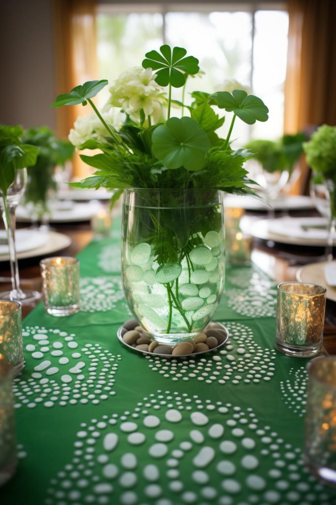 Reminiscent of the fields of Ireland, this green tablecloth is dotted with incorporated white pebble-like accents for a touch of intrigue. 