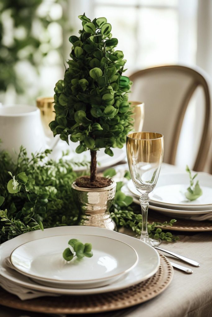 Plant a small, artificial shamrock tree in a gold calyx planter that serves as a gold pot to add a charming appeal to your table, enhanced by the surrounding green leaves.