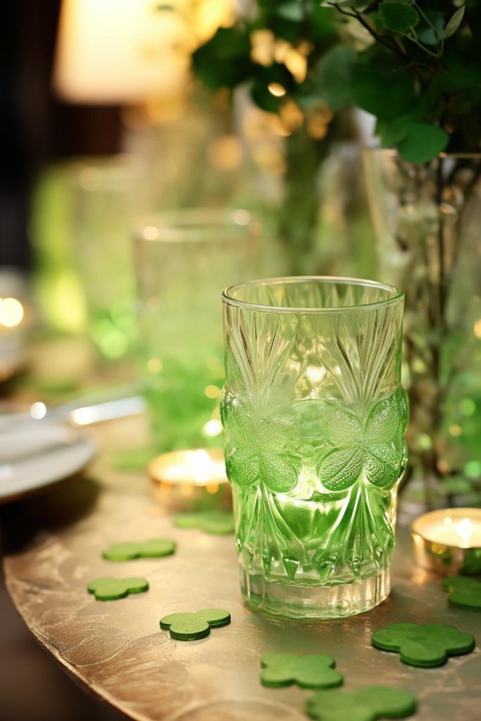 Translucent glasses with embossed clover leaves and a light shade of green are the highlights of this table decoration, complemented by tea lights and clover leaf decoration.