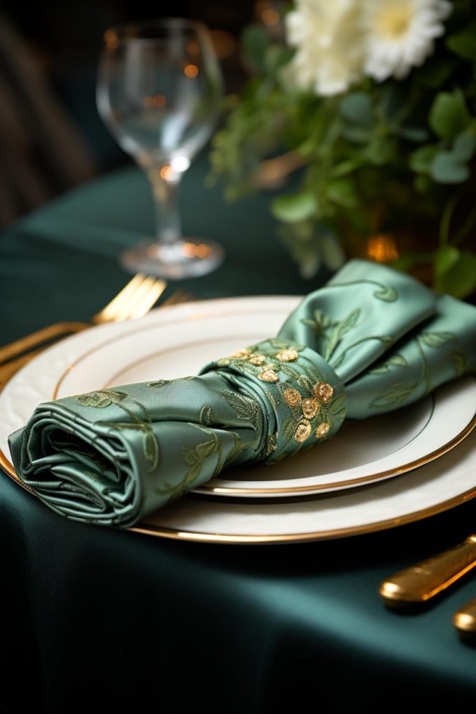 Enhance your table setting with the touch of luxury offered by this folded green napkin with embroidered green leaves and a napkin ring with gold floral details.