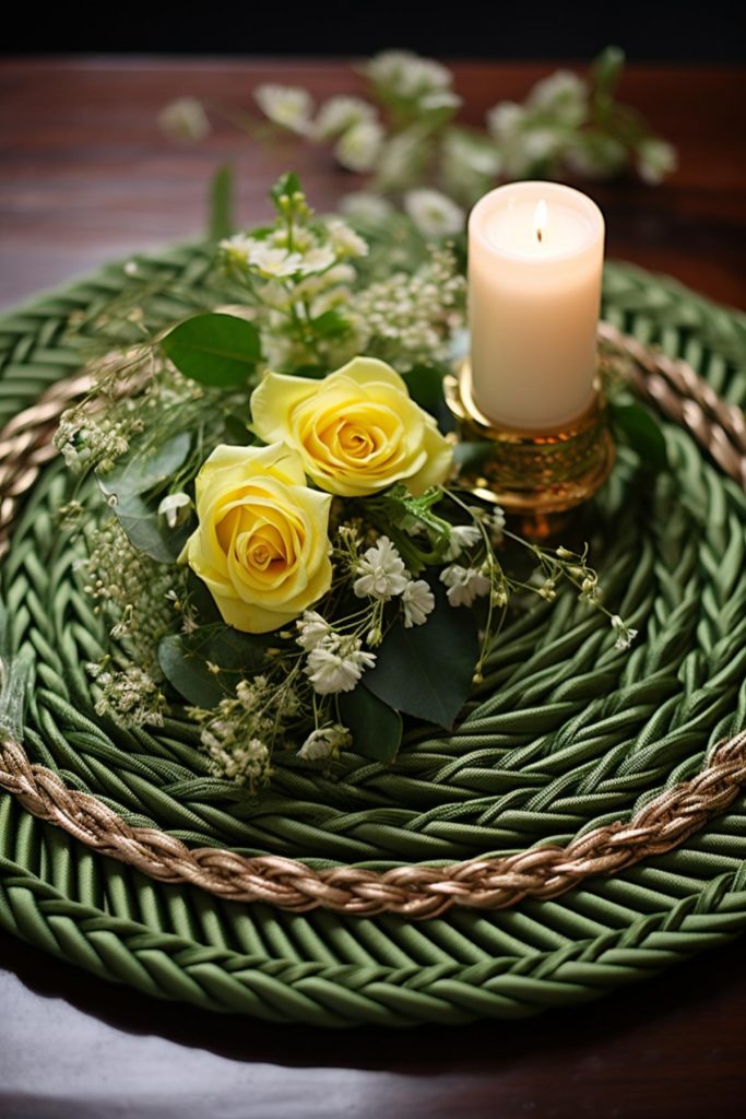 Imagine this beautifully woven green rattan charger in the center of your table, adorned with the sunny brightness of yellow roses, the vitality of <a href=