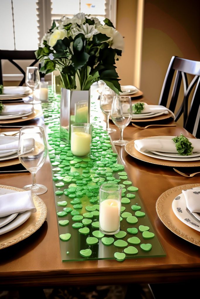 Green hearts dance across this dining table, mingling with candles and a vase full of large white flowers and bold green leaves. 