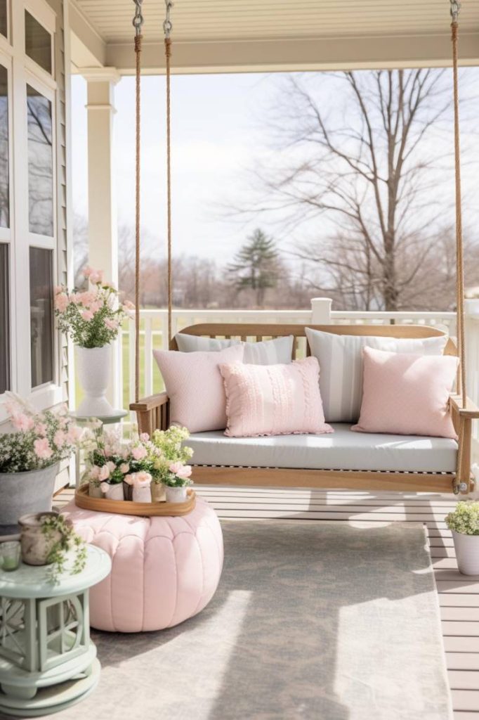 A porch with a wooden swing decorated with pastel pink cushions surrounded by potted flowers and a pink ottoman in front, overlooking a lawn and bare trees.