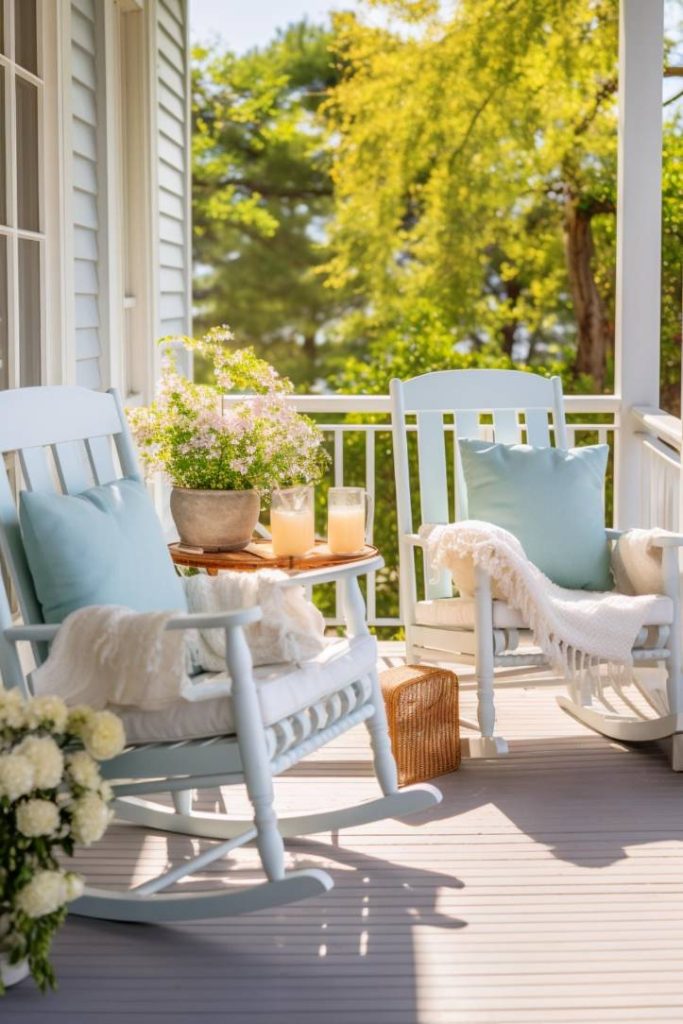 A porch with two white rocking chairs, a small table with drinks and flowers, light blue pillows and a white blanket. Trees and greenery can be seen in the background.