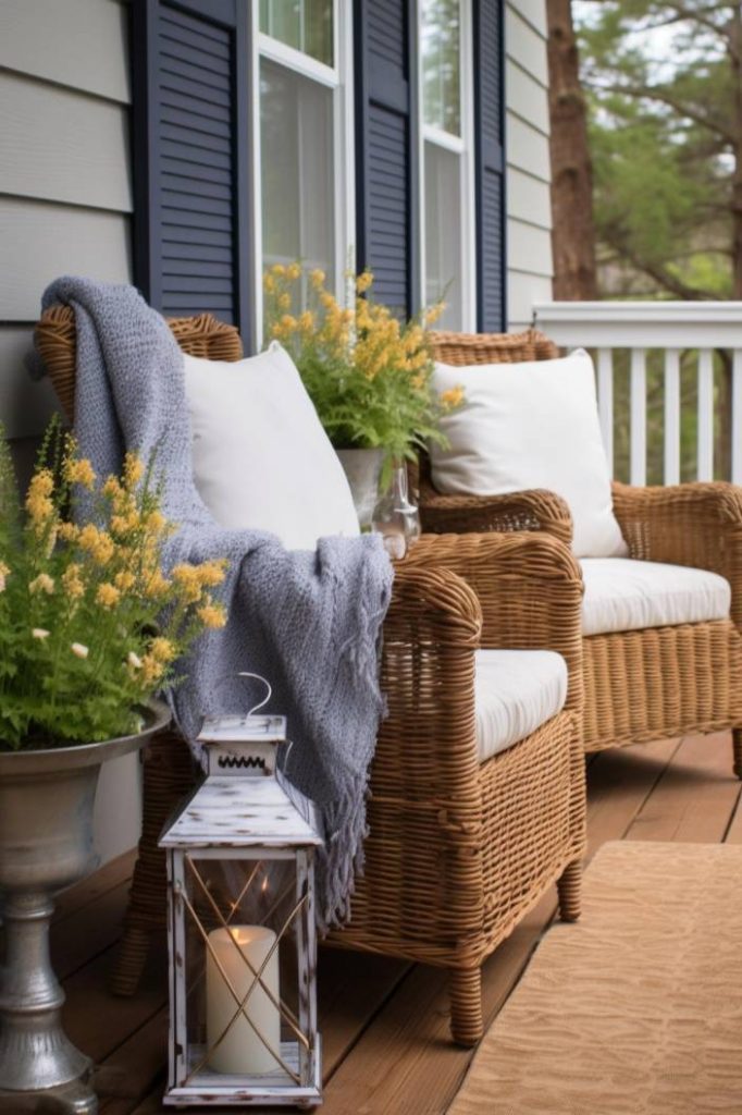 Two wicker chairs with white cushions and a gray blanket stand on a wooden porch next to a potted plant and a decorative lantern with a lit candle.