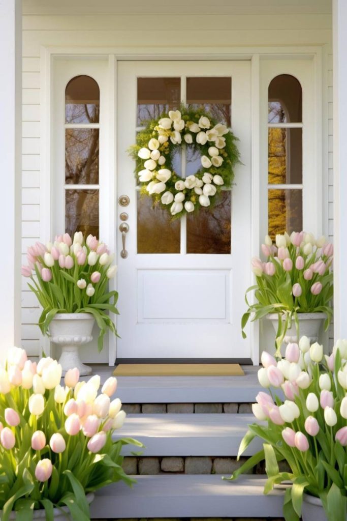 A white front door with glass panels is decorated with a wreath of white flowers. On either side of the steps leading to the door are two planters filled with pink and white tulips.