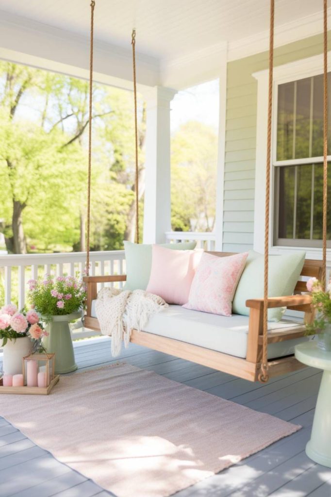 A porch swing with pastel-colored pillows and a blanket hangs on a wooden porch. The area is decorated with pink flowers, candles and a small carpet, with trees in the background.