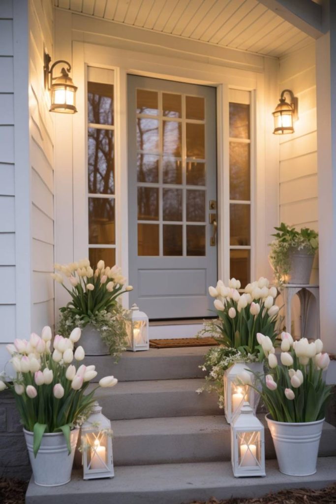 A house entrance with a glazed door, illuminated by two wall lamps. White tulips in pots and lanterns with candles line the steps.