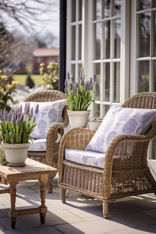 On a terrace there are two wicker chairs with patterned cushions, each with a pot of purple flowers. Next to the chairs there is a <a href=