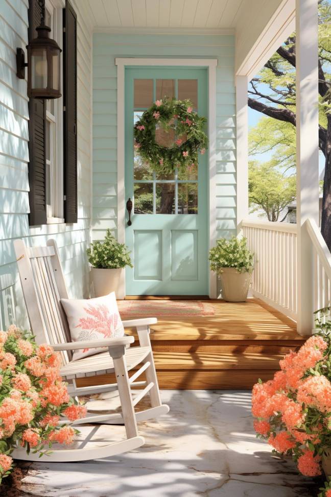 A light blue front door with a floral wreath flanked by potted plants, a white rocking chair and pink flowers, on a wooden porch under a covered roof.