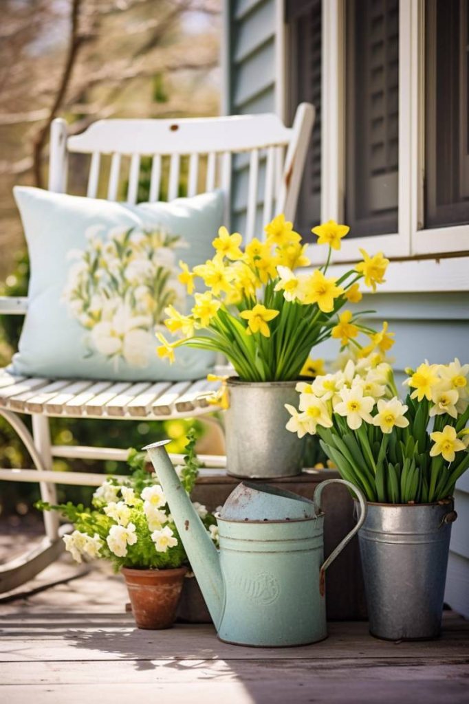 A porch scene with a white rocking chair, a floral print pillow, and potted daffodils in various containers, including a small watering can.