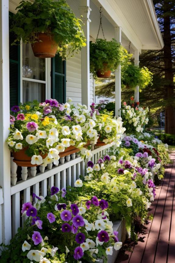 A porch with hanging flower pots with railings filled with blooming petunias of various colors surrounded by green foliage.