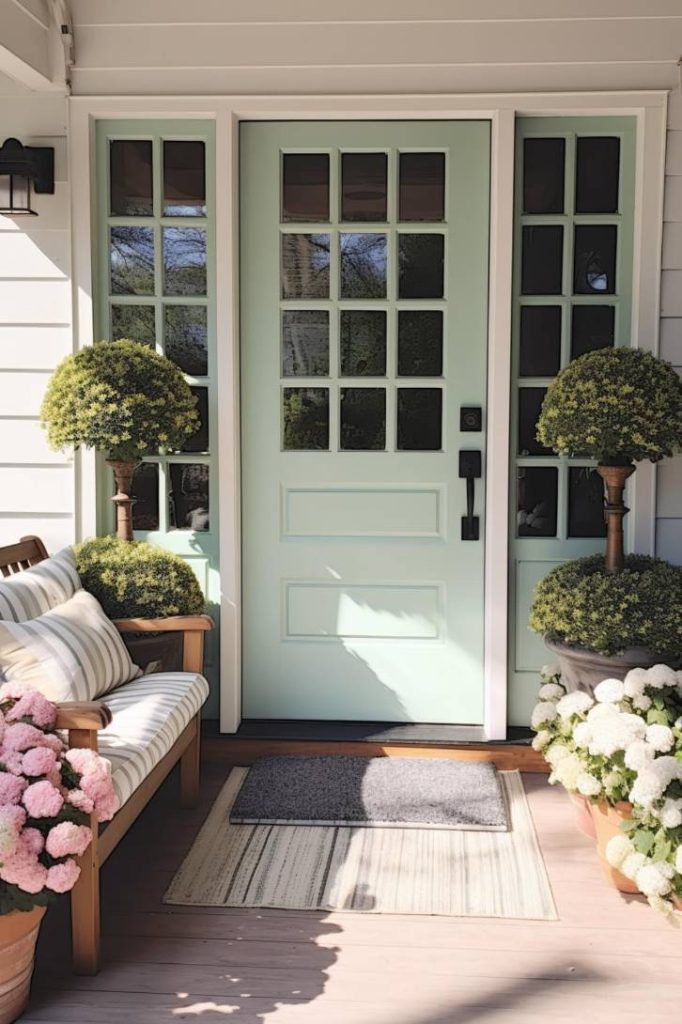 A mint green front door with glass panels flanked by symmetrical topiary topiary shrubs and surrounded by a bench with striped cushions, potted flowers and a doormat on a wooden porch.