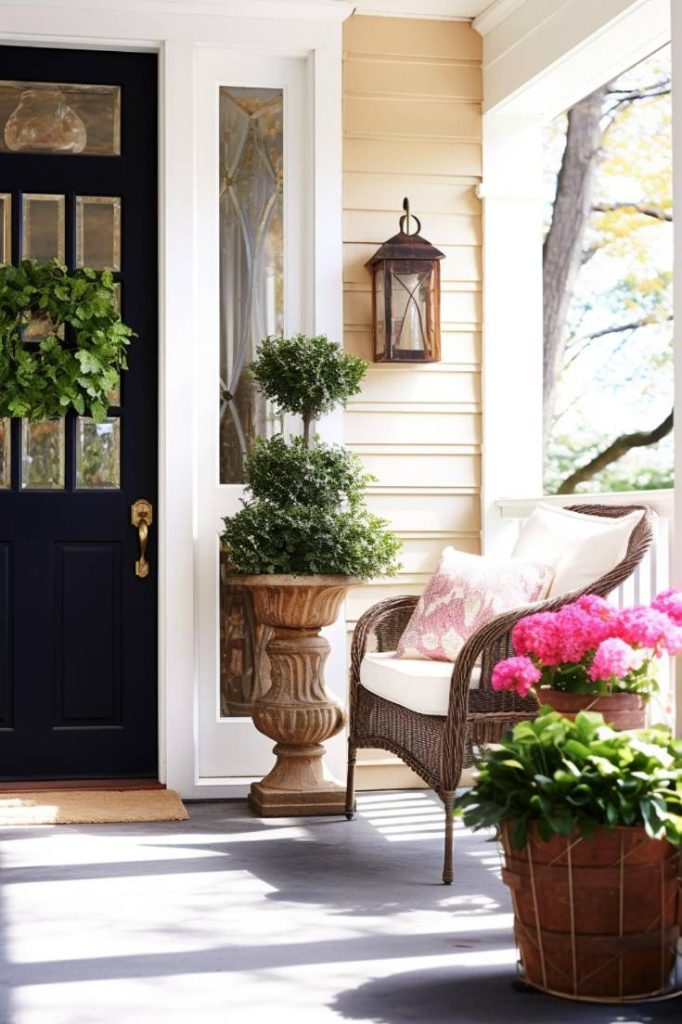 A porch with a wicker chair, potted plants and a black door with a green wreath. There is a wall lantern above the chair.