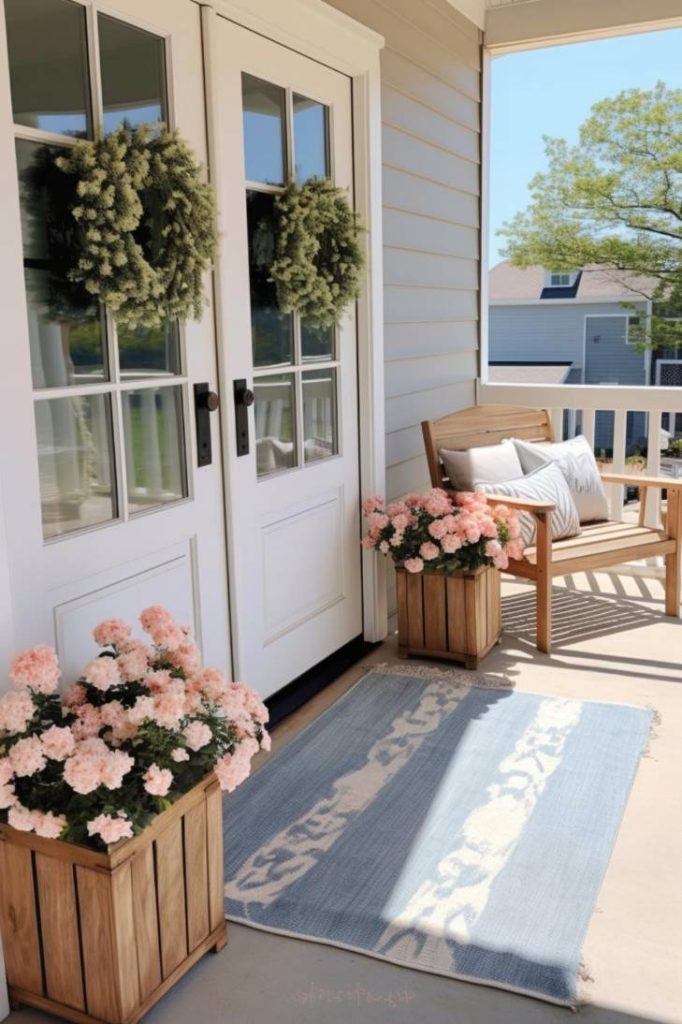 A cozy porch with double doors decorated with wreaths, a wooden bench with cushions, potted flowers and a light blue carpet.