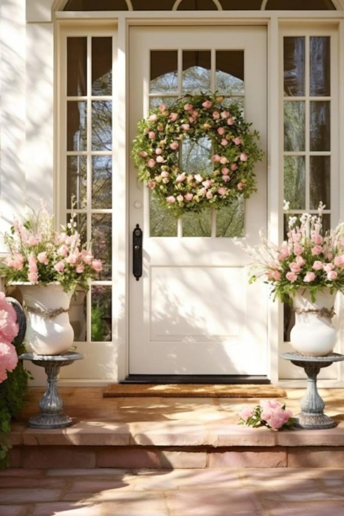 A white front door decorated with a floral wreath flanked by two large white planters filled with pink flowers on either side. The steps leading to the door are also decorated with pink flowers.