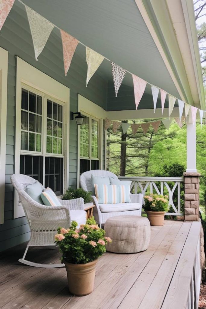 A cozy, shaded porch with white wicker chairs, a beige ottoman, potted plants and a pastel bunting above.