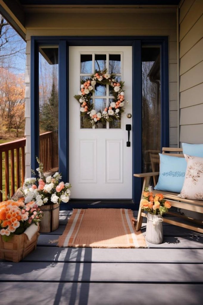 White front door with floral wreath flanked by flower pots. On the right there is a wooden bench with cushions; There is an orange striped doormat in front. Warm lighting and a wooden railing are visible.