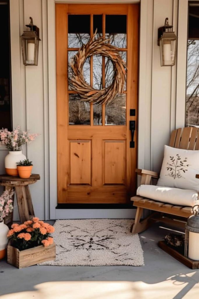 A wooden entrance door with glass panels decorated with a wreath flanked by two lanterns. A wicker chair with a patterned cushion sits next to potted plants and a box of flowers on the porch.