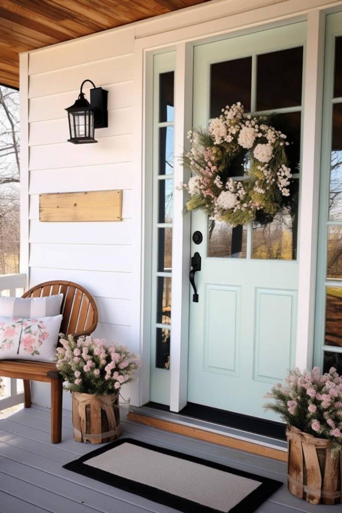 A light green door decorated with a floral wreath flanked by potted plants, a wooden chair with floral cushions and a black lantern on a white paneled porch.