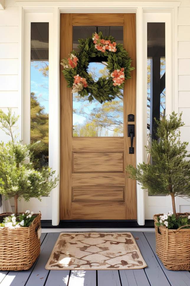 A wooden front door decorated with a floral wreath flanked by two rectangular potted plants in wicker baskets, with a leaf-patterned doormat on a light gray porch.