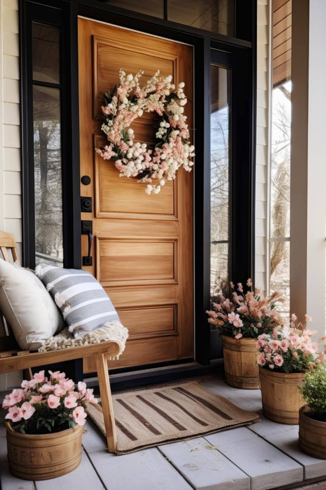 A wooden front door with a floral wreath flanked by windows. A cushioned bench, pink potted flowers and a doormat decorate the porch area.