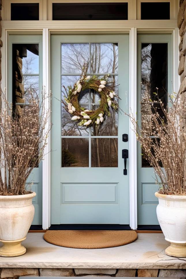 A light blue front door with a glass panel is decorated with a wreath of white and green elements, flanked by two potted plants. There is a doormat on the step.