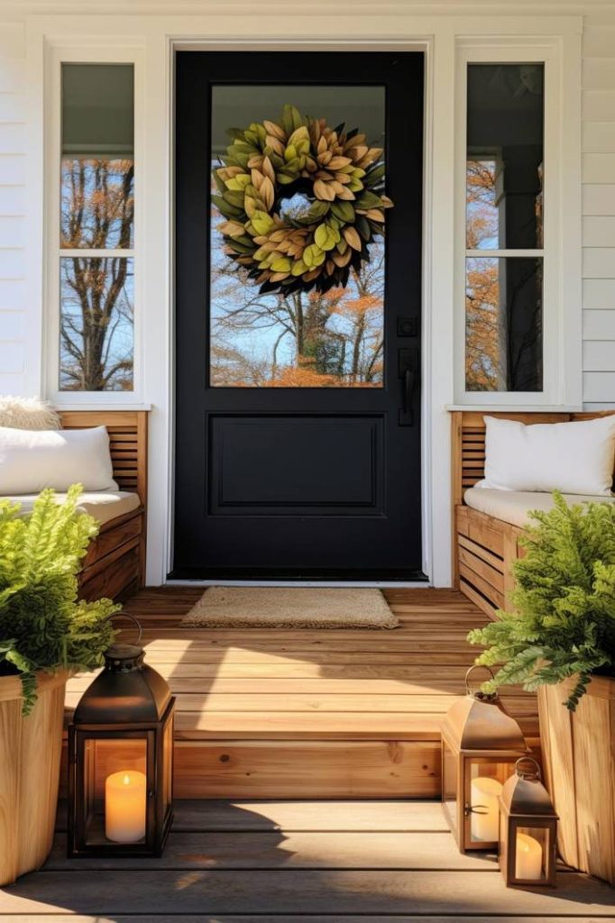 Porch with black door decorated with wreath of leaves, flanked by upholstered wooden benches and lanterns with lit candles, steps decorated with potted ferns and lanterns.