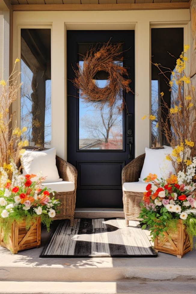 A wreath-adorned front door flanked by wicker chairs with white cushions. On either side of the entrance are colorful flower arrangements in wooden planters. There is a striped doormat on the step.