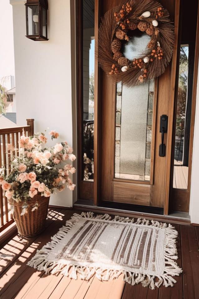 On the porch there is a wooden door decorated with an autumn wreath, a striped rug with fringes and a basket of pink flowers.