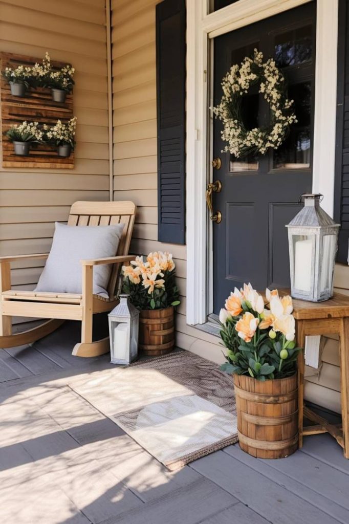 A porch with a wooden rocking chair, potted flowers, a dark blue door decorated with a wreath and lanterns on the floor and a stool.