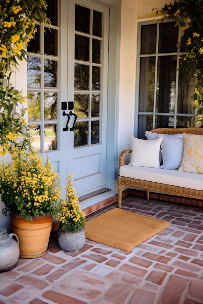 A cozy porch with a brick floor, a light blue door with glass panels, a wicker bench with white and yellow cushions and yellow flowering potted plants.