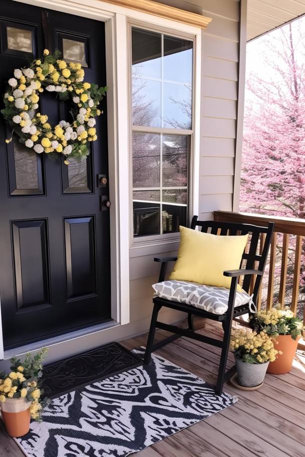 A black front door with a floral wreath, a patterned mat, a black chair with a yellow cushion and flower pots on a porch.