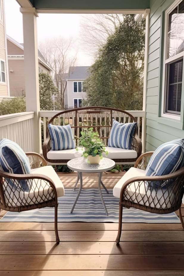 A cozy porch with wicker furniture, blue and white striped cushions and a small round table with a potted plant on a wooden floor with a striped carpet.