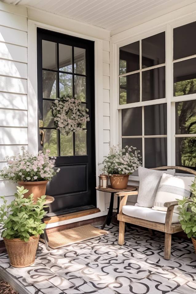 A black door with glass panels on a white house decorated with a wreath of flowers. A white chair, potted plants and a patterned rug decorate the porch area.