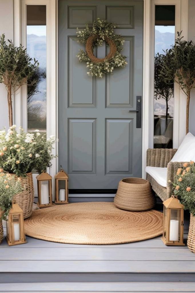 A porch with a closed gray door decorated with a wreath. On the porch are potted plants, lanterns, a wicker basket and a <a href=