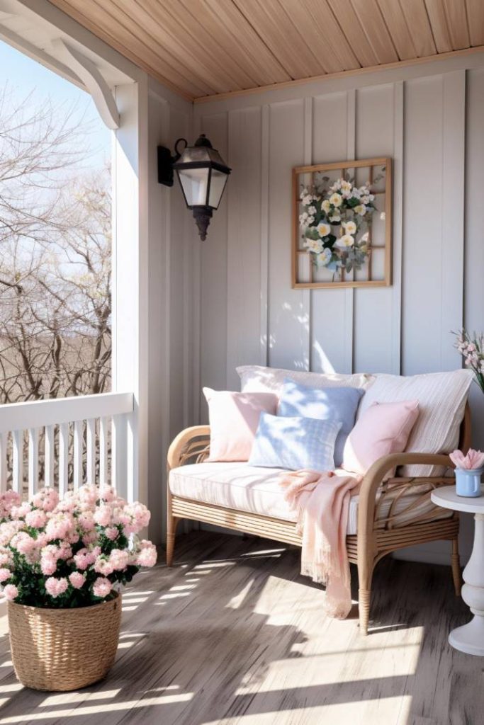 A cozy porch with a wicker sofa, pastel pillows, a pink throw, a wall lantern, a framed floral painting and a basket of pink flowers on a light wood floor.