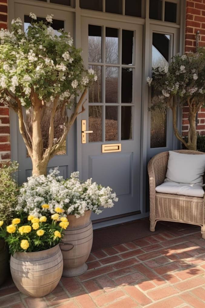 A light blue door with a brass handle and mail slot flanked by flowering trees and potted flowers on a brick patio with a wicker chair.