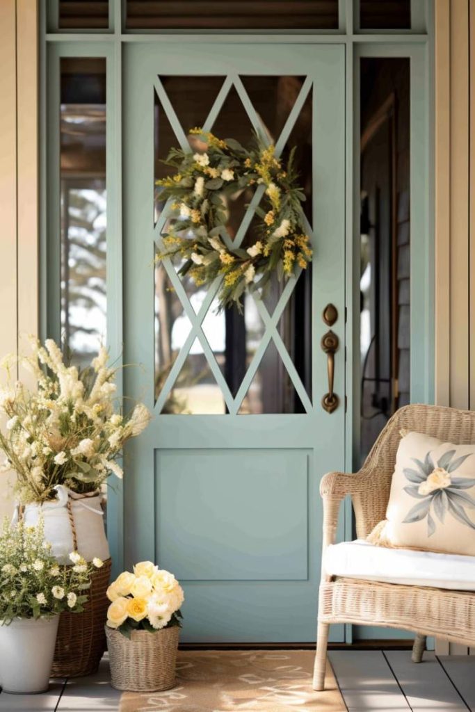 A light blue front door with glass inserts, decorated with a floral wreath. Next to it is a wicker chair with floral cushions, potted plants and a basket with yellow and white flowers.