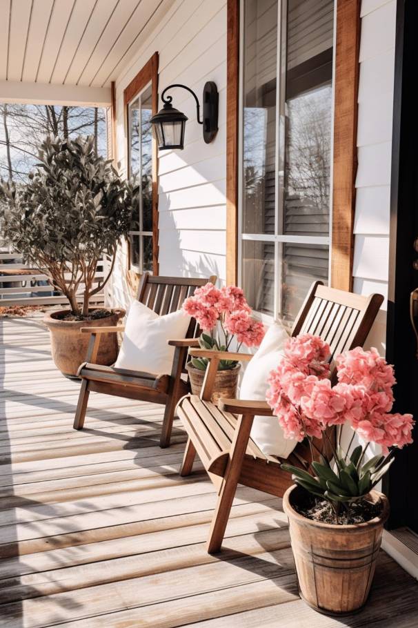 A wooden porch with two chairs, pink flowers in potted plants, a lamp on the wall and a tree in a large pot. The veranda has a wooden floor and a railing.