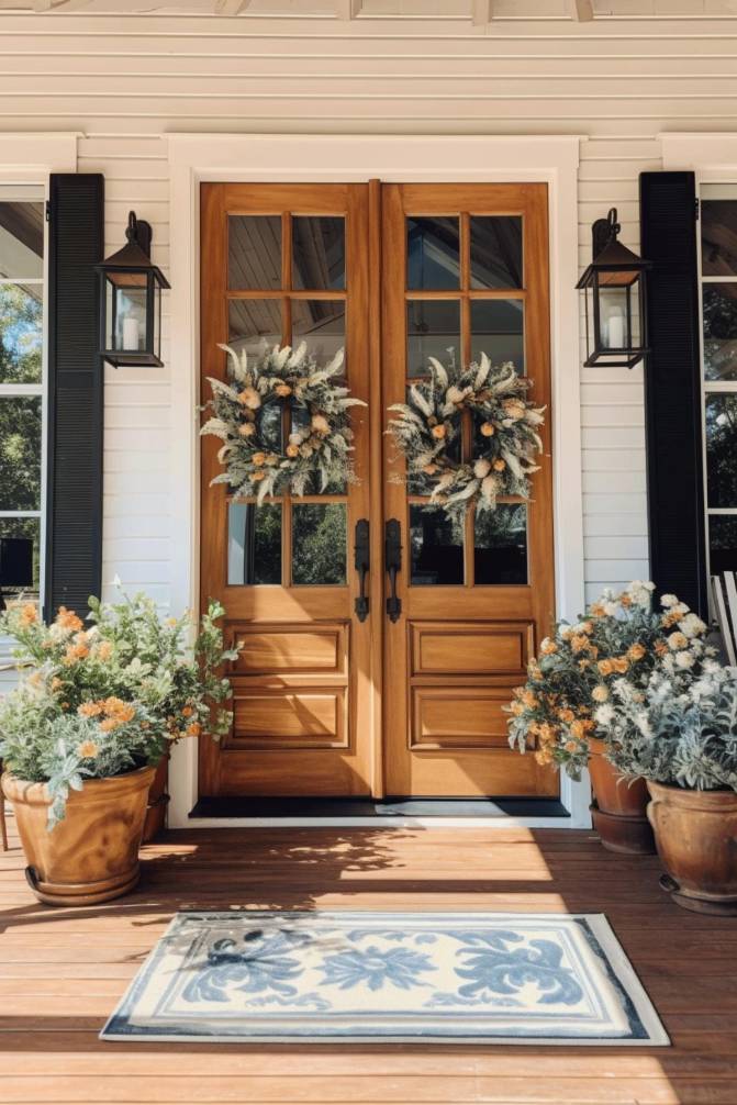 A pair of wooden double doors decorated with wreaths flanked by black lanterns and potted plants on a porch with a patterned doormat in front.