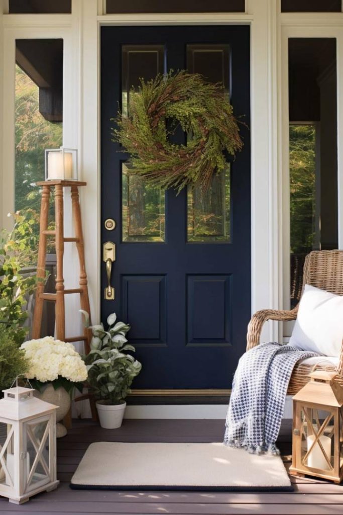 Porch with a black door decorated with a green wreath, a wicker chair with a blanket, potted plants, a lantern and a doormat.