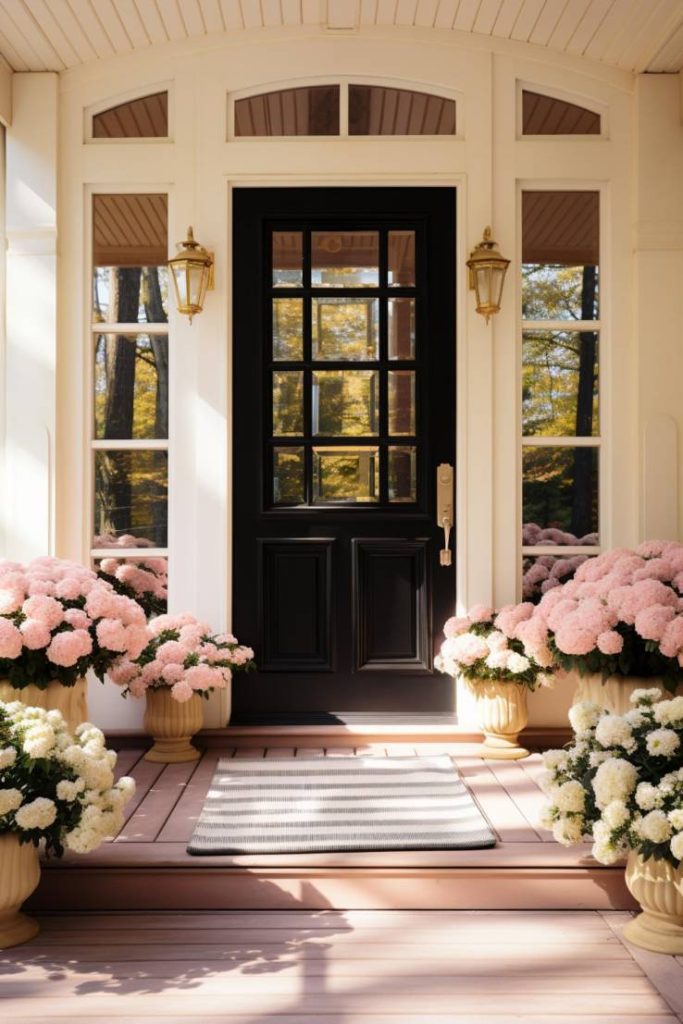 A black front door with glass panels is flanked by two lanterns and pink and white potted chrysanthemums, and a striped doormat lies on the wooden veranda.