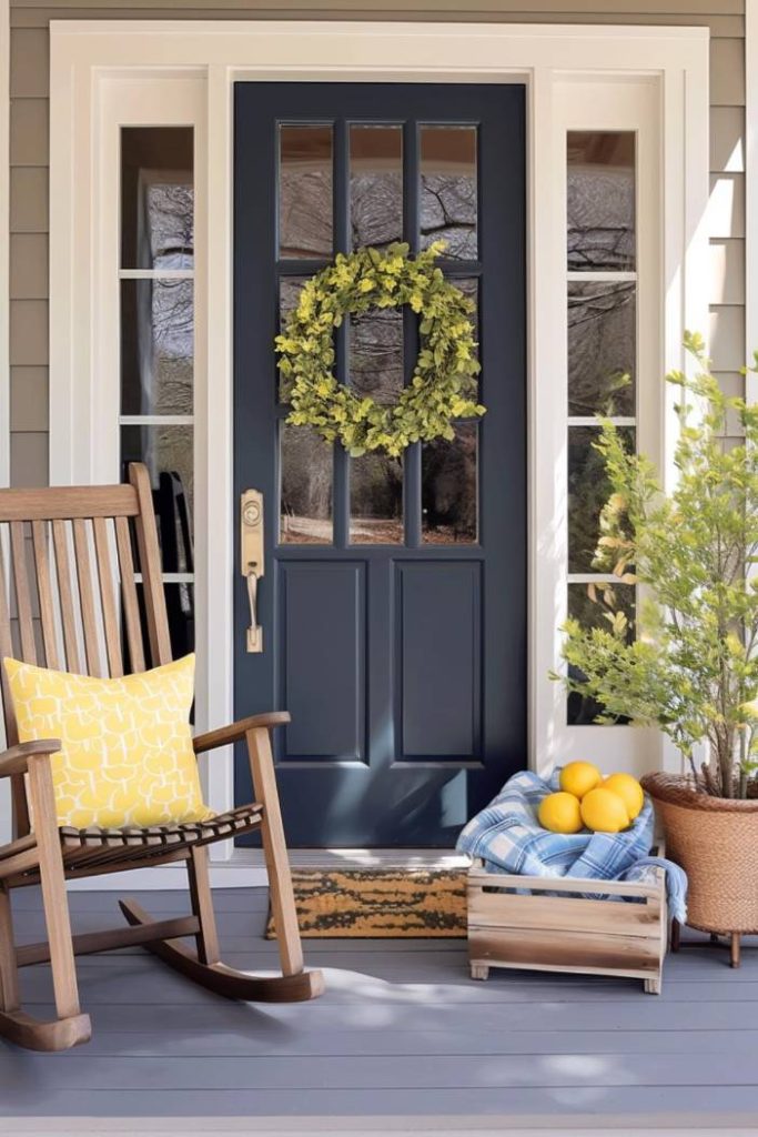 A dark blue front door decorated with a green wreath. Next to it is a wooden rocking chair with a yellow cushion, next to it a box of lemons on a blue cloth and a potted plant.