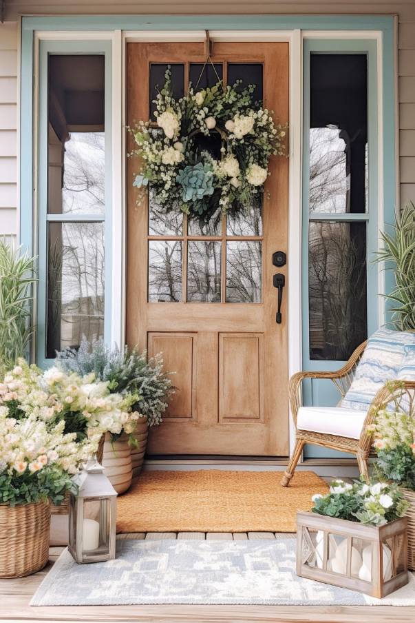 A wooden front door with a wreath and glass panels is flanked by potted plants and a wicker chair with cushions. Additional plants and lanterns are arranged on the veranda.