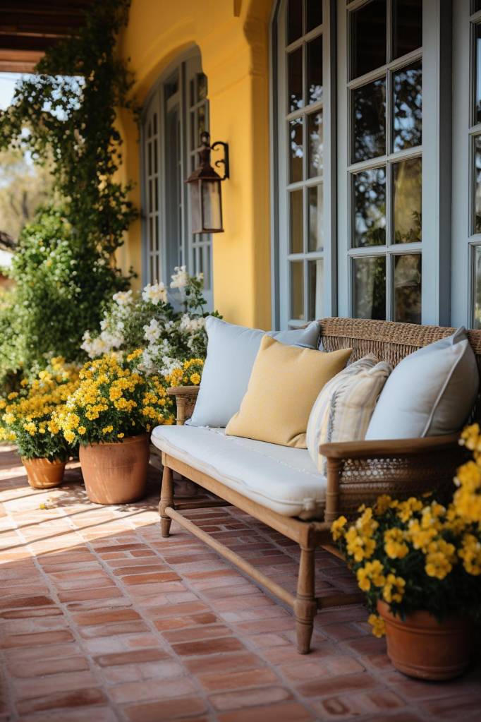 A cozy porch with a wicker bench, light yellow and white cushions, surrounded by yellow and white flower pots, in front of a yellow house wall with light blue windows.